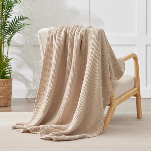 100% Cotton Blanket Large 50"x 70", 6 Layers Muslin Blankets, Cooling and Soft Throw Blanket for Bed and Couch, Breathable Quilt Bedspread, Gauze Bedding for Adults, Oatmeal, Beige Linen Kozyhvn