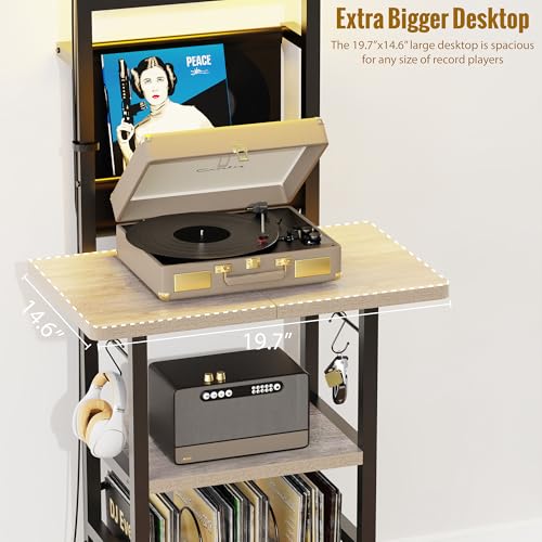 YAKANJ Record Player Stand with Led Light,Record Player Table with Vinyl Storage,Turntable Stand with Record Holder Vinyls Display Shelf for Music Room Studio,Greige YAKANJ