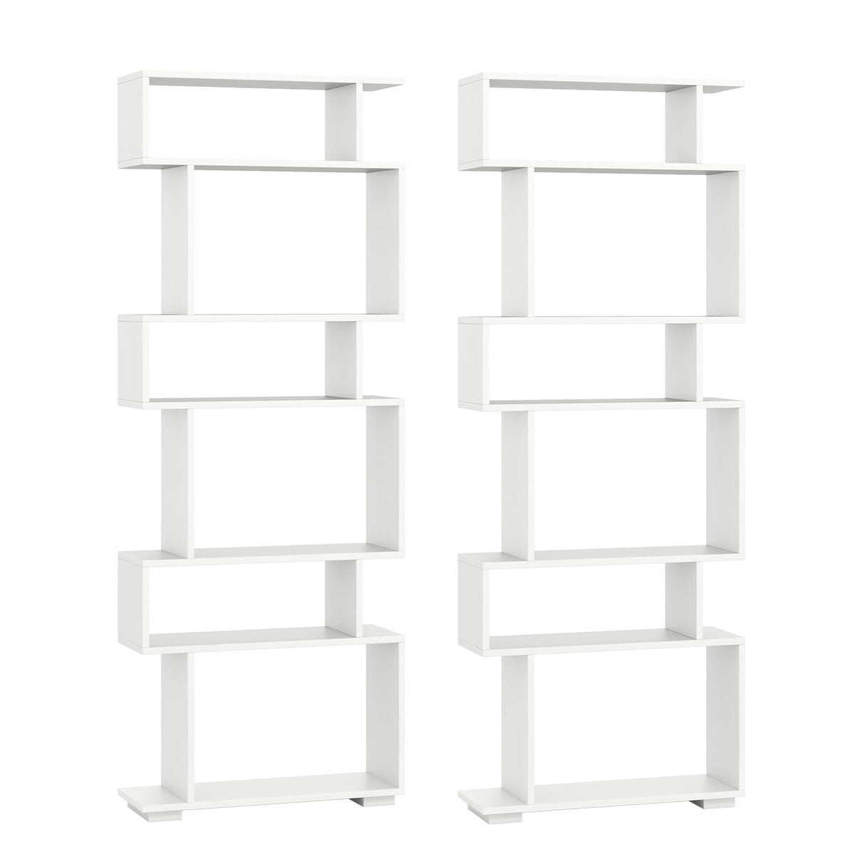 SILKYDRY 6 Tier S Shaped Bookshelf, Wood Geometric Bookcase, Modern Room Divider and Display Shelf, 64" Tall Staggered Bookshelf for Bedroom Living Room Office Study (2, White) SILKYDRY