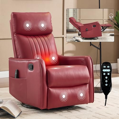 High Back Massage Recliner with Heat - Swivel Rocking Chair for Small Spaces, Manual Lazy Boy Recliner for Adults, Perfect for Living Room & Bedroom, Soft Fabric (Red)