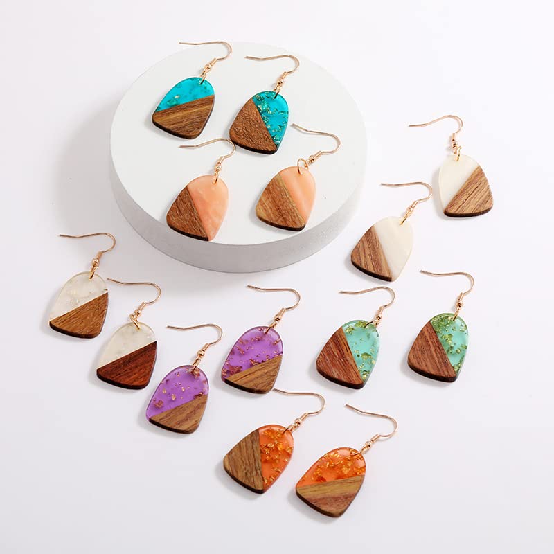 Zhang shine Boho Retro Resin Wooden Lightweight Geometric Dangle Drop Earrings Natural Layered Wood Teardrop Earrings for Women Zhang shine