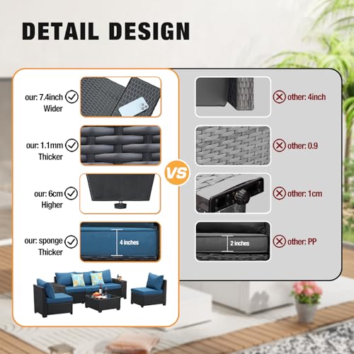 JOYURE 6 Pieces Patio Furniture set All-Weather Outdoor Wicker Sectional Conversation Sofa Rattan patio seating sofa with cushion and Glass Table for Porch Poolside,Peacock Blue JOYURE