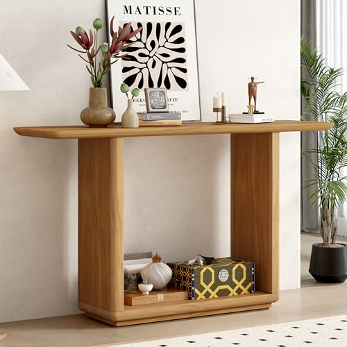 Merax Elegant Minimalist Console Table with Curved Corners, Natural Wood Veneer, U-Base Design Entryway Table for Displaying Treasures, Simple Assembly, Natural Merax
