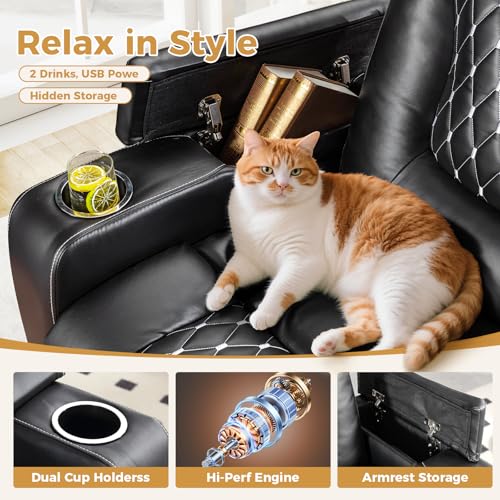 ANJ Power Recliner Chair with USB Ports and Cup Holders - Overstuffed Electric Home Theater Seating PU Leather Reclining Furniture with Hidden Arm Storage, Easy to Clean (Black)