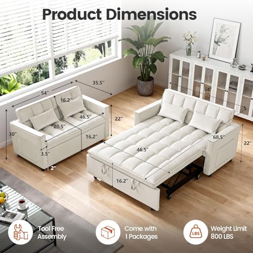 Trygoal Convertible Sofa Bed, Pull Out Couch with Side Pockets, 3 in 1 Velvet Fabric Loveseat Sleeper Sofa Bed, Pull Out Couch with Adjustable Backrest for Living Room, Bedroom, Apartment, White Trygoal