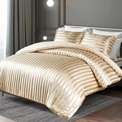 Whale Flotilla 3-Piece Reversible Silky Soft Queen Comforter Set, Luxury Stripe Satin Comforters Full Size Bedding Set with 2 Satin Pillowcases, Lightweight Duvet for All Seasons, Champagne Whale Flotilla