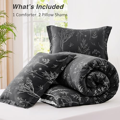 Love's cabin King Size Comforter Set Black - King Comforter Set, 3 Pieces Cute Floral Bedding Sets for All Seasons,1 Soft Reversible Botanical Flowers Comforter and 2 Pillow Shams Love's cabin