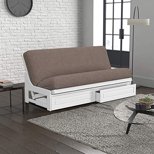 Nirvana Futons Nico Urban Loft Linen Series Sleeper Sofa Collection Full Size White Armless Arden Futon Frame, Storage Drawers, Mattress and Umax Khaki Futon Cover Set Nirvana Futons