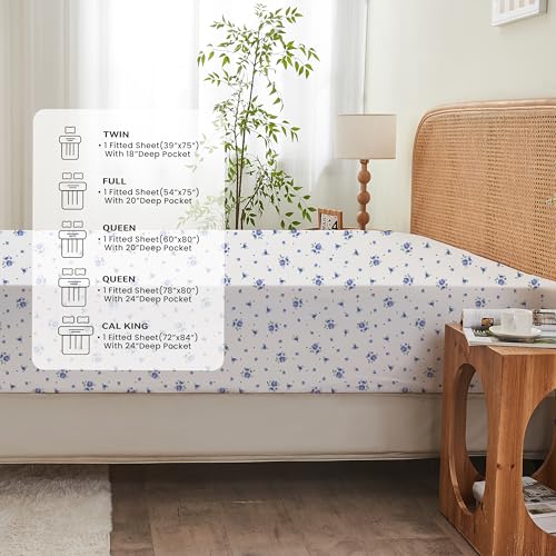 Twin Fitted Sheet,Microfiber Patterned Fitted Sheet Deep Pocket 18 Inches, Ultra Soft & Wrinkle Resistant Twin Deep Pocket,Blue Floral Hylnosia