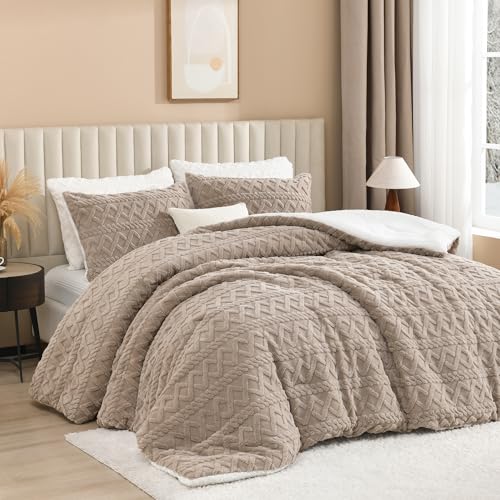 Andency Fluffy Sherpa Full Comforter Set, Super Soft Khaki Fleece Warm Bedding for Winter, Luxury Jacquard Boho Thick Fuzzy Plush Bed Set 3 Pieces(1 Shaggy Comforter, 2 Pillowcases) Andency