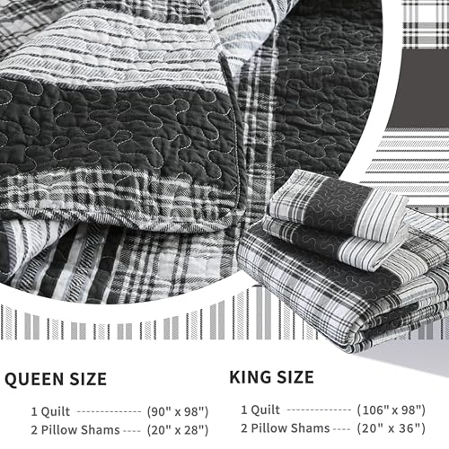 Homzard King Size Comforter - 100% Cotton, Black White Striped King Quilt Bedding Set,Black Grey Plaid Striped Bedding King,Farmhouse Lightweight Comforter for Bed,All Season Homzard