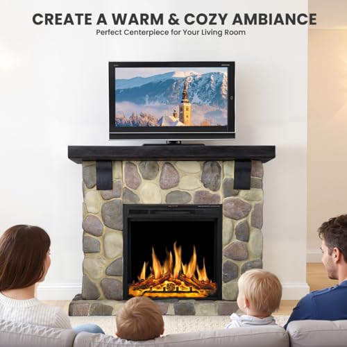 Electactic 50" Electric Fireplace TV Stand, Fireplace with Faux Stone-Look Mantel, Realistic 3D Flame Effect, 7 Brightness, 750W/1500W Dual Heat Settings, Remote Control for Living Room/Bedroom(Round) Electactic