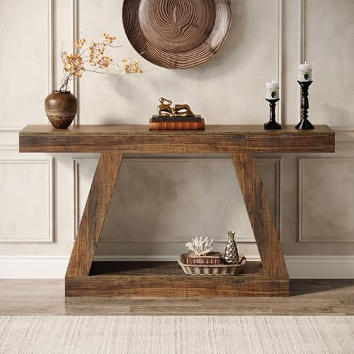 Tribesigns Farmhouse Console Table, 55-Inch Rustic Sofa Table with Storage, Industrial Wooden Entryway Table for Hallway, Living Room, Dark Brown Tribesigns