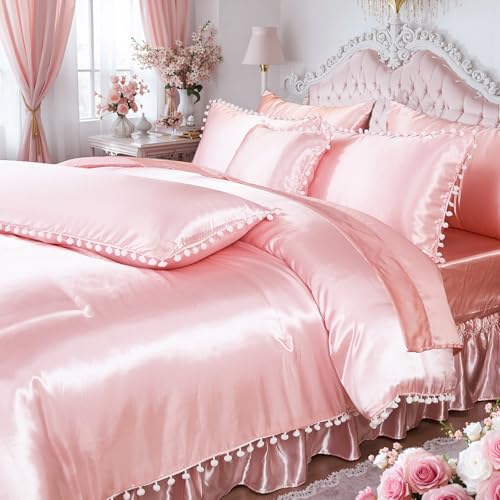 Bedorm Pink Satin Comforter Set 10 Pcs White Pom Pom Bedding Set Queen Size Super Soft Smooth Silk Like Silky Comforter Queen Bed in A Bag with Comforter & Sheet Set & Pillowcase & Bed Skirt Bedorm
