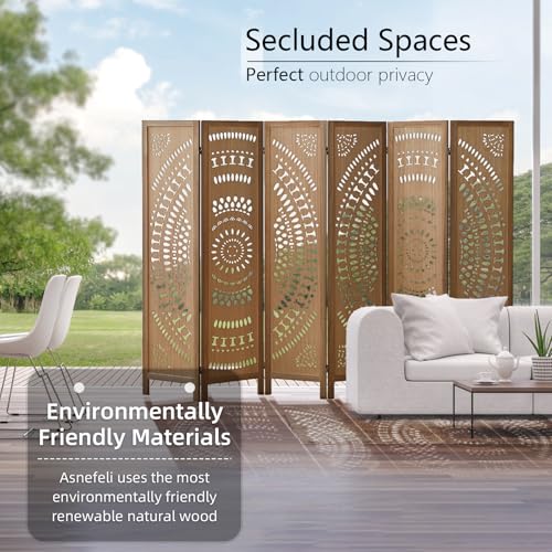 Asnefeli Wood Room Divider Wall and Folding Privacy Screen, 5.6 FT Tall Room Divider 6 Panel, Foldable Divider Panel, Environmentally Friendly Carved Privacy Divider for Home Bedroom Office (Brown) Asnefeli
