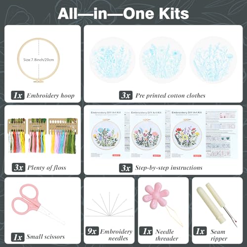 RIHYTFU 3 Pack Flower Embroidery Kits for Beginners, Adults Starter Cross Stitch Kit, DIY Sewing Needlepoint, Floral Plants Patterns Hand Stamped Embroidery Kits