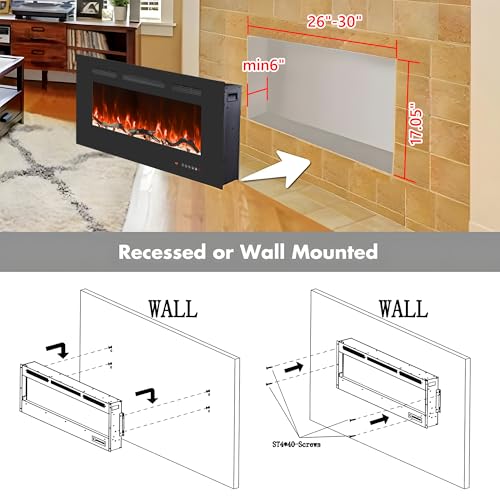 Valuxhome 30 Inches Recessed and Wall Mounted Electric Fireplaces Insert for Living Room with Remote,1500W/750W,13 Fuel Bed Colors, Overheating Protection, Crystal, Touch Screen, Timer, Black Valuxhome