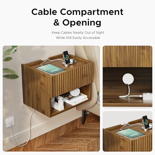 Floating Nightstand Bedroom Bedside Table - Floating Night Stand Set 2 for Small Spaces, Wall Mounted Cabinet with Storage Drawer, Brown Modern Night Stand for Dorm Hallway Entryway Lazzanto
