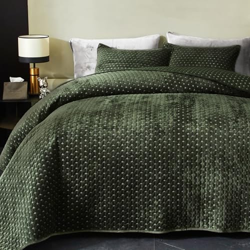 Powdion Velvet Quilt Queen Size, Oversized Bedspread Quilted Bedding Set, Luxurious Soft Coverlet Set Lightweight Velvet Comforter for All Season with Pillow Shams 90x96 Army Green Striped Queen Powdion