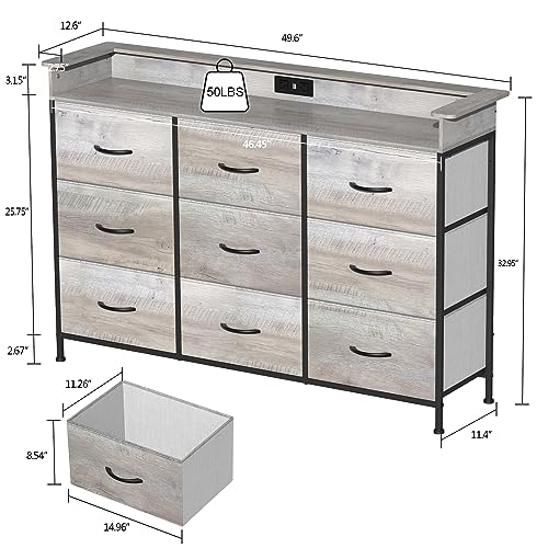 EXOTICA Dresser with Charge Station 9 Drawers Dresser for Bedroom with LED Lights Tall Wide Fabric Dressers & Chests of Drawers for Closet Hallway Entryway Sturdy Steel Frame Wood Top EXOTICA