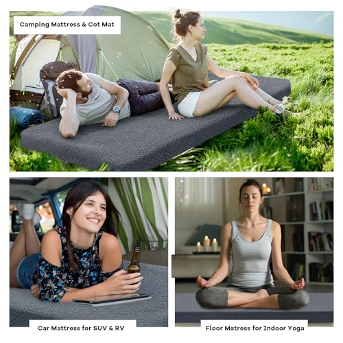 HOMBYS Memory Foam Camping Mattress Pad,Portable Sleeping Pad for Adult,Waterproof Cot Mattress,Roll Up Floor Mattress,Foldable Backpacking Travel Bed for Hiking,Guest Bed (Grey, COT: 72"x24"x3") HOMBYS