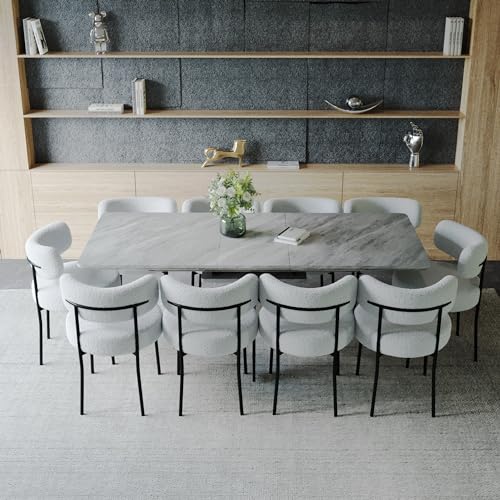 Modern Dining Table Set for 10,Expandable Dining Room Table Set,6-10 People Kitchen Table and Chairs Set with 63-78 in Marble Dinner Table Round Upholstered Boucle Chairs Ideal for Dining Room,Kitchen Hilknen