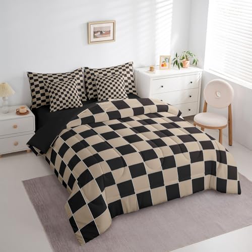 Erosebridal Geometric Plaid Twin Comforter Set 7 Piece Beige Black Brown Checkerboard Bed in A Bag with Sheets Checkered Grid Bedding Set for Kids Boys Men,Modern Aesthetic Bed Set Erosebridal