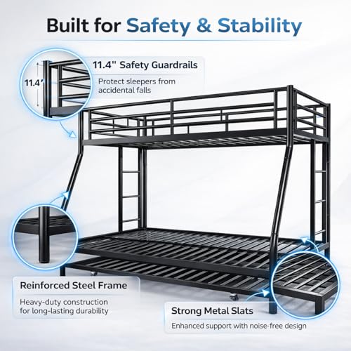 Nuturelly Metal Bunk Bed Twin Over Full with Trundle, Heavy Duty Steel Frame Bunk Bed Frame with Safety Guardrails & Ladder, Space Saving 3 Beds for Kids, Teens, Dorm, Black Nuturelly