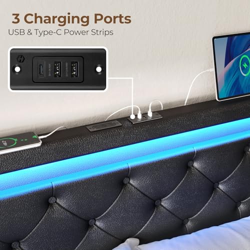Rolanstar Queen Size Bed Frame with Charging Station, LED Bed with Under Bed Storage, Adjustable Headboard 38.9/40.8 Inches, No Box Spring Needed, Noise Free, Easy Assembly, Black Rolanstar