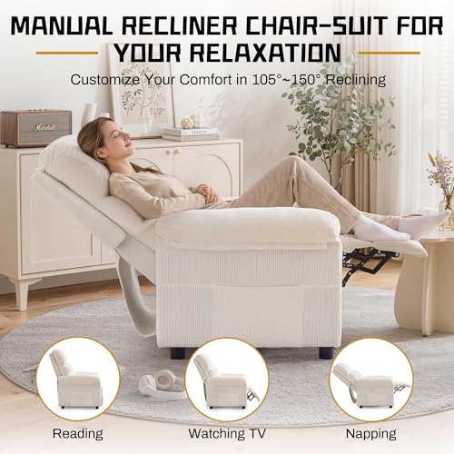 Korser Recliner Chair, Living Room Recliner Chairs for Adults, Small Recliners for Small Spaces, Upholstered Manual Reading Chair with Side Pockets, Nursery Chair for Living Room, Corduroy, Beige