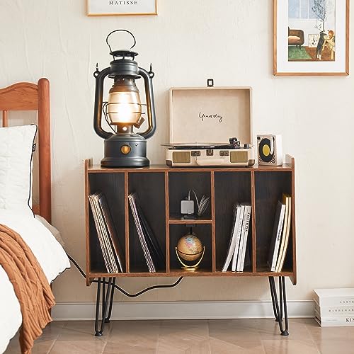 Leesingdo Large Record Player Stand with Vinyl Storage, Retro Brown Record Player Table with Power and USB Port, Holds Up to 200 Albums, Turntable Stand Vinyl Record Player Storage Cabinet Leesingdo