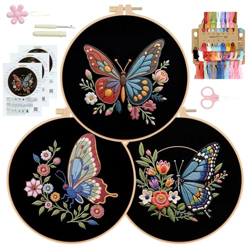 RidaaFri Embroidery Kit for Beginners, 3 Pk Stamped Butterfly DIY Craft Supplies with Hoop, Needles, Floss, Video, Complete Starter Kit for Learning Embroidery, Hobby Gift