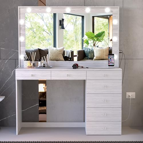 Boahaus Isolde Large Greige Makeup Vanity Desk with Lights, 7 Drawers, USB and Power Outlet, Large Top, Vanity Mirror with Lights Built-in, Farmhouse, Crystal Knobs, 58.2'' H x 47.2'' W x 17.7'' D Boahaus
