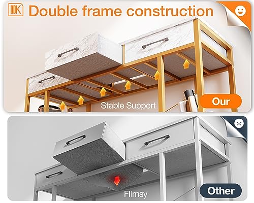 ODK Vanity Desk with Fabric Drawers & Storage Shelves, Makeup Dressing Table, Home Office Desks for Bedroom, Modern Writing Desk,White Marble and Gold Leg, 48"x16" (No Mirror) ODK