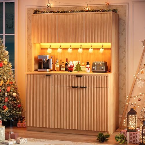 Jocoevol Fluted Kitchen Pantry Storage Cabinet with Charging Station/LED Light/Doors/Shelves, 71'' Tall Kitchen Food Hutch with Microwave Stand for Dining Room Living Room (Natural, 41 * 15.7 * 71) Jocoevol
