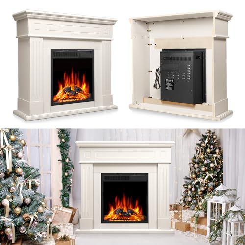 43 Inch Electric Fireplace with Mantel Wooden Surround Firebox TV Stand,FreeStanding Electric Fireplace Heater Entertainment Center,Adjustable Led Flame,750W-1500W,Cream ZAFRO