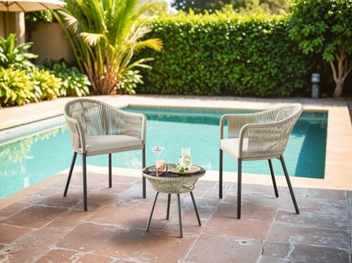 Flamaker 3 Piece Patio Set Outdoor Wicker Patio Chairs with Coffee Table & Cushions Bistro Conversation Set Porch Furniture for Patio, Balcony, Deck, Backyard Flamaker