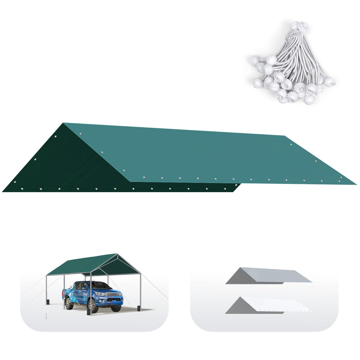 Quictent Carports Replacement Tarp Canopy Top Cover with Bungees Balls, for 10x20 ft Garage Party Tent Shelter - Green, One Roof Only Quictent