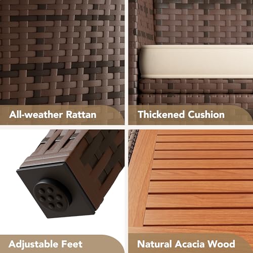 Devoko Outdoor Patio Dining Sets 9 Pieces Wicker Outdoor Dining Table and Chairs Set with Acacia Wood Table Top and Widened Armrests for Backyard, Garden, Deck (Brown) Devoko