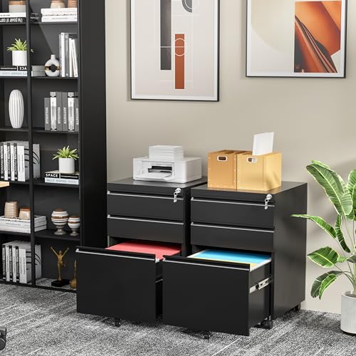 INTERGREAT 3 Drawer File Cabinet, Metal Filling Cabinet with Lock, Locking Office Mobile Cabinet with Wheels for Legal/Letter Size, Under Desk, Black INTERGREAT