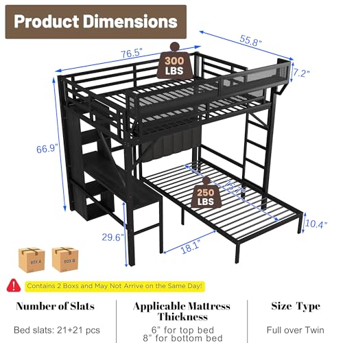 MoproBeti Bunk Bed with Desk,Upper Shelf & Storage Bookshelves,Metal L-Shaped Full Over Twin Bunk Beds with LED & Charge Station,Full Loft Bed w/Ladder,Safety Guardrail for Boys Girls,Black MoproBeti