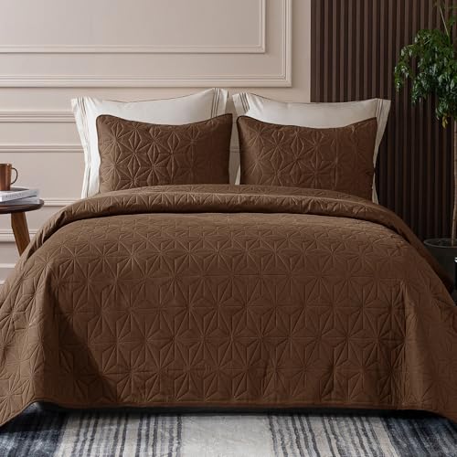 Whale Flotilla King Quilt Bedding Set, Soft Brown Bedspreads Quilts King Size for All Seasons, 3 Pieces Lightweight Geometric Star Pattern Coverlet Whale Flotilla