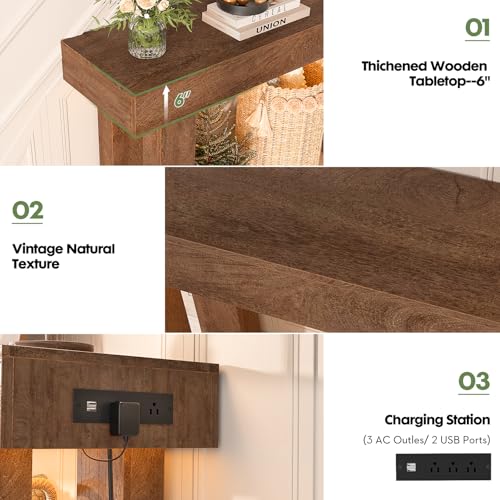 Unikito 47" Entryway Table with Socket and Sensor Light, Narrow Console Table with Storage Behind Couch, Farmhouse Entry Way Tables with Open Storage for Entrance/Hallway/Living Room, Rustic Oak Unikito