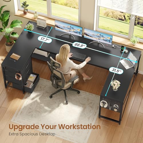 SEDETA 67" U Shaped Desk with 4 Fabric Drawers, Reversible Corner Computer Desk with Power Outlet & CPU Shelf, L Shaped Office Desk with Pegboard for Home Office, Black SEDETA