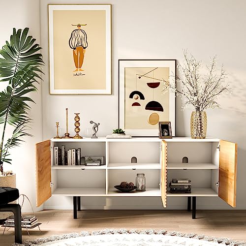 roomfitters Mid Century Modern TV Stand for TVs up to 65", Boho Sideboard Buffet Cabinet Credenza, Media Console Entertainment Center for Living Room, Poplar Wood Print Carved and Geometric Design roomfitters