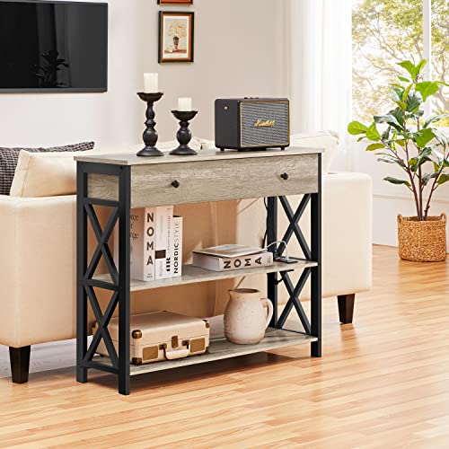 Yaheetech Console Table with Power Outlets and USB Ports, Wooden Entryway Table with Drawer and Open Shelves, Narrow Sofa Tables with Metal Frame for Living Room, Couch, Hallway, Grey Yaheetech