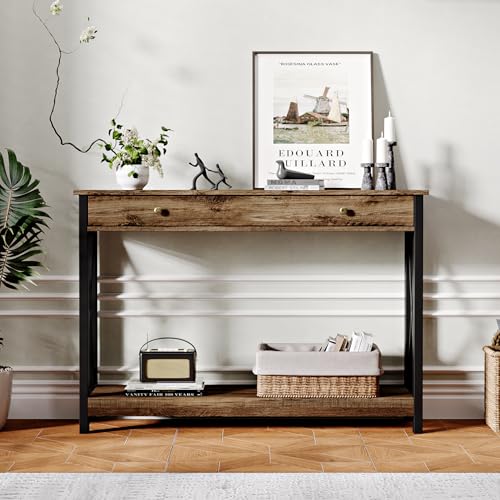 Treocho Console Table with Drawer and Storage Shelves, Foyer Sofa Table Narrow for Entryway, Living Room, Hallway Rustic Oak & Black Treocho
