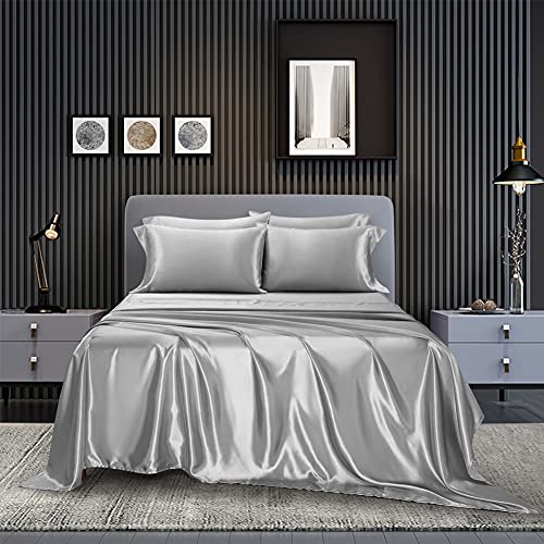 AiMay 4 Piece Twin Size Satin Bedding Sheet Pillowcase Sets Deep Pocket Silky Super Soft Solid Color 1 Flat Sheet 1 Fitted Sheet 2 Envelope Style Pillowcases Sexy Honeymoon (Twin, Silver/Light Grey) AiMay