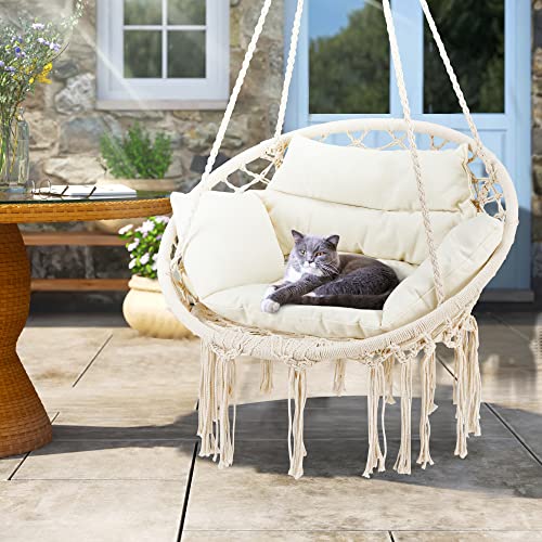 KROFEM Macrame Hammock Hanging Swinging Chair with Medium Cushion, Perfect for Bedroom, Porch, Adults, Balcony, Beige KROFEM