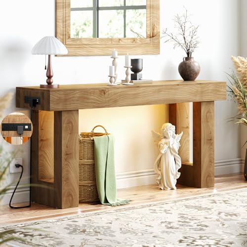 Unikito 63'' Farmhouse Console Table with Power Outlets and Sensor Light, Wooden Entryway Table with Storage, Rectangular Sofa Tables Behind The Couch for Entrance, Hallway, Living Room, Natural Oak Unikito